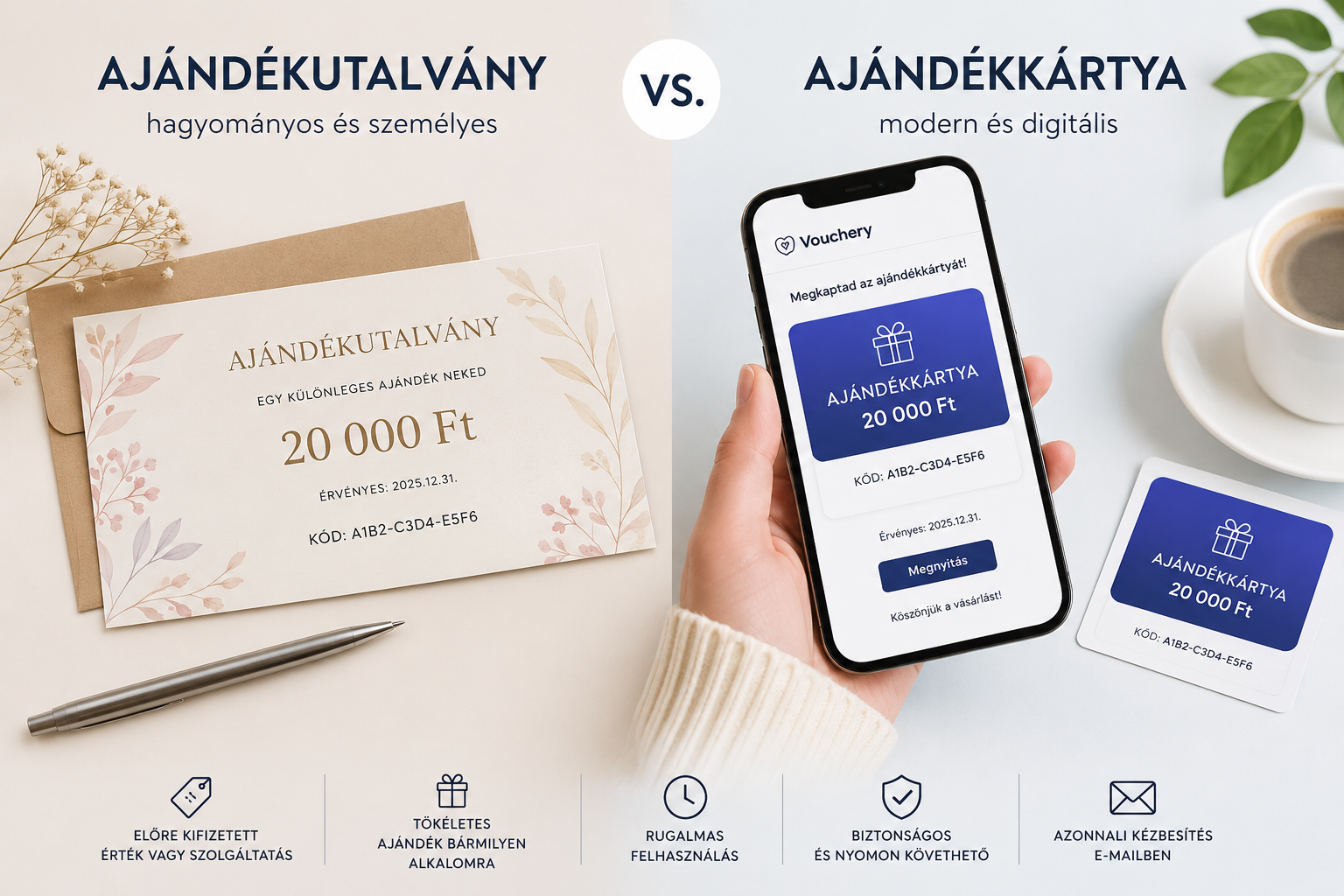 Ajándékutalvány és digitális ajándékkártya összehasonlítása nyomtatott és mobilos formában.