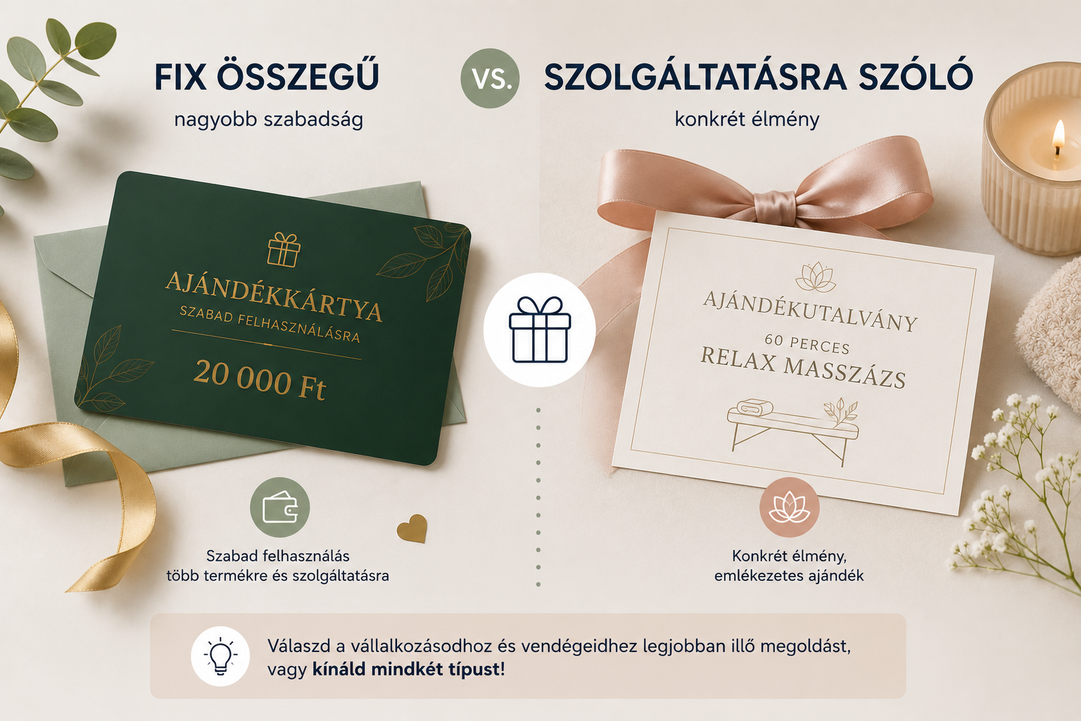 Fix összegű ajándékkártya és relaxáló masszázsra szóló ajándékutalvány összehasonlítása.